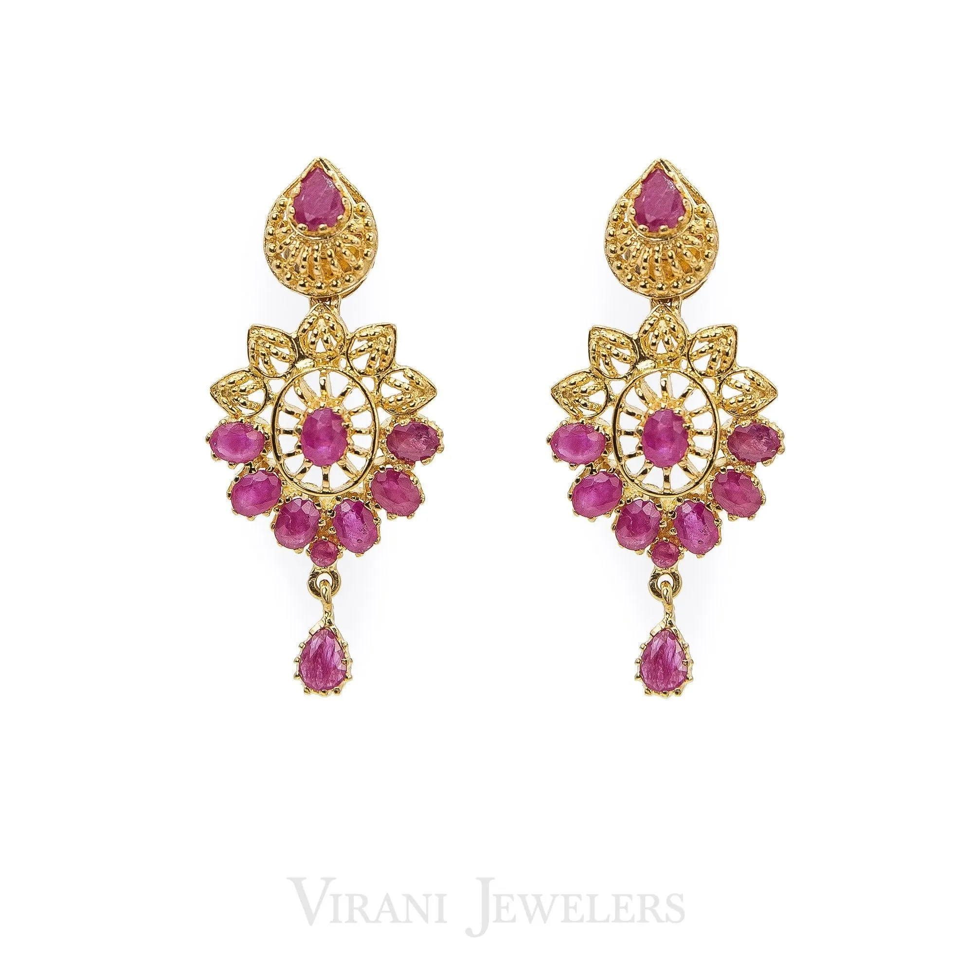 Pink Ruby Vintage Drop Necklace and Earrings Set in 22K Yellow Gold W/ Coin Accents