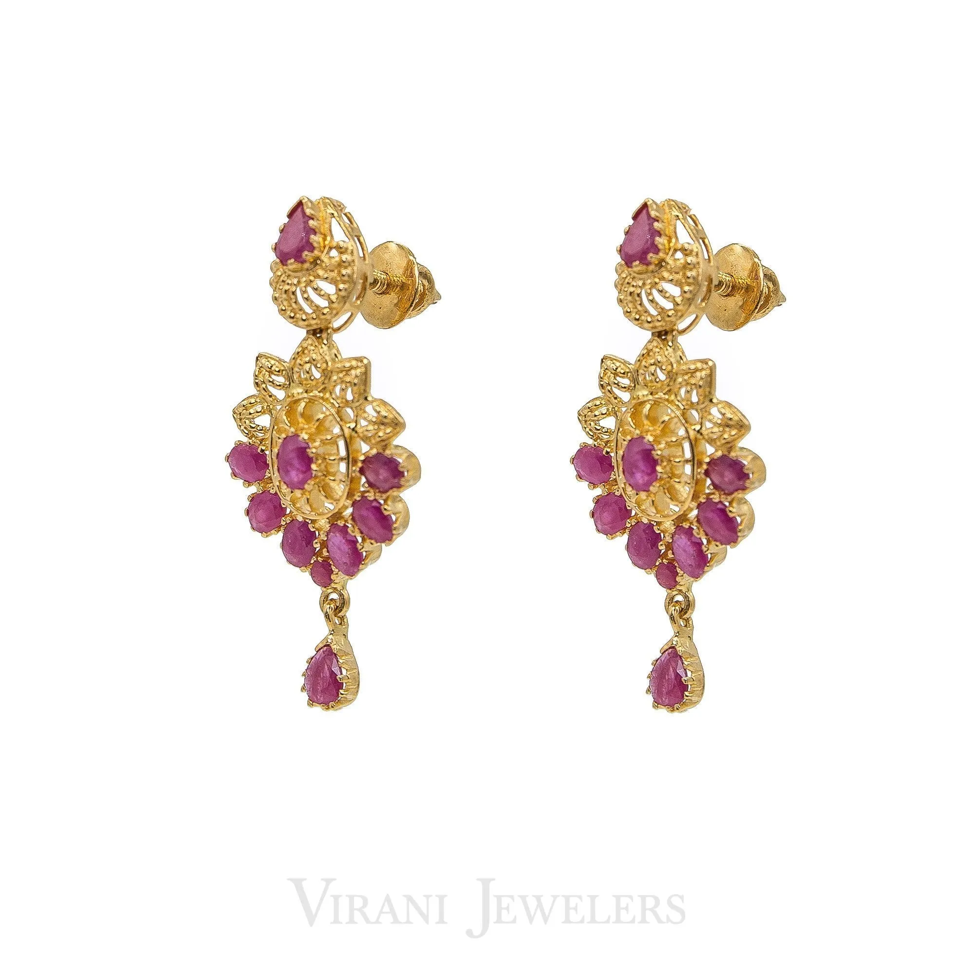 Pink Ruby Vintage Drop Necklace and Earrings Set in 22K Yellow Gold W/ Coin Accents