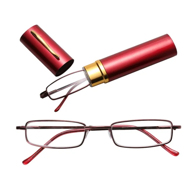 Reading Glasses Metal Spring Foot Portable Presbyopic Glasses with Tube Case  4.00D(Red)
