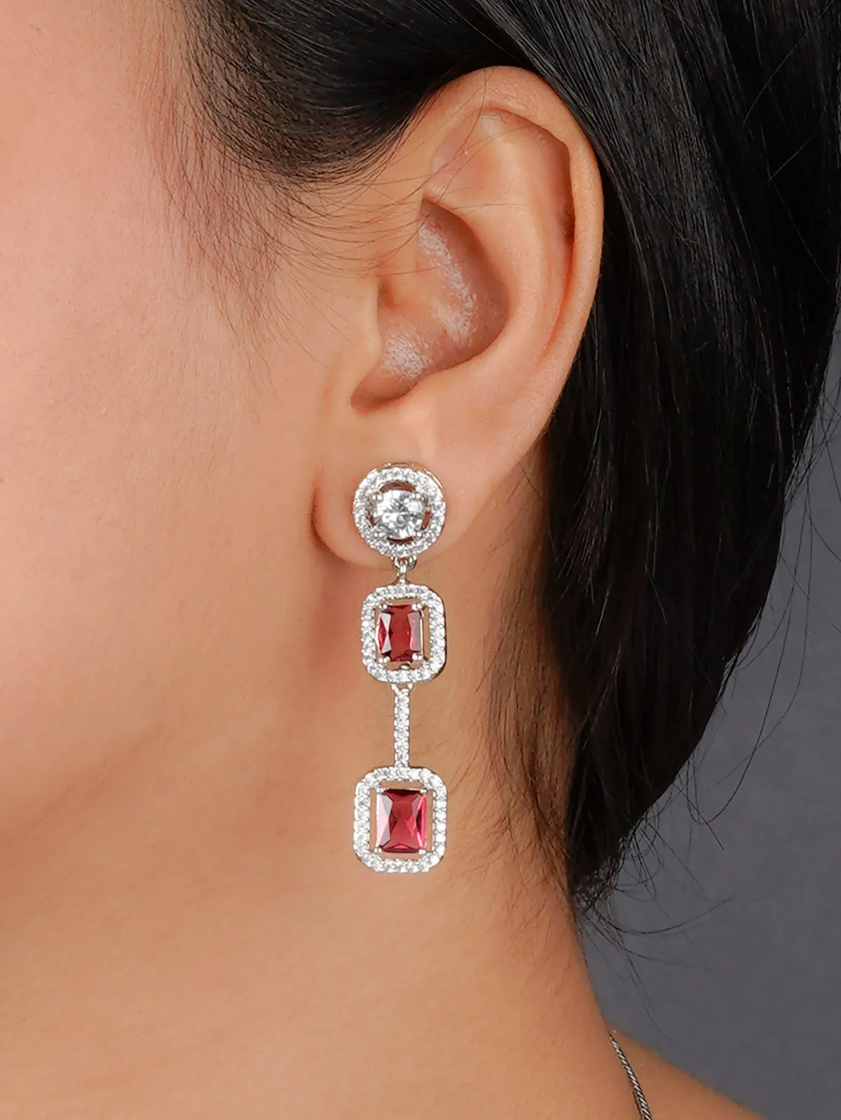 Red Color Silver Plated Faux Diamond Necklace Set - CZSET320R