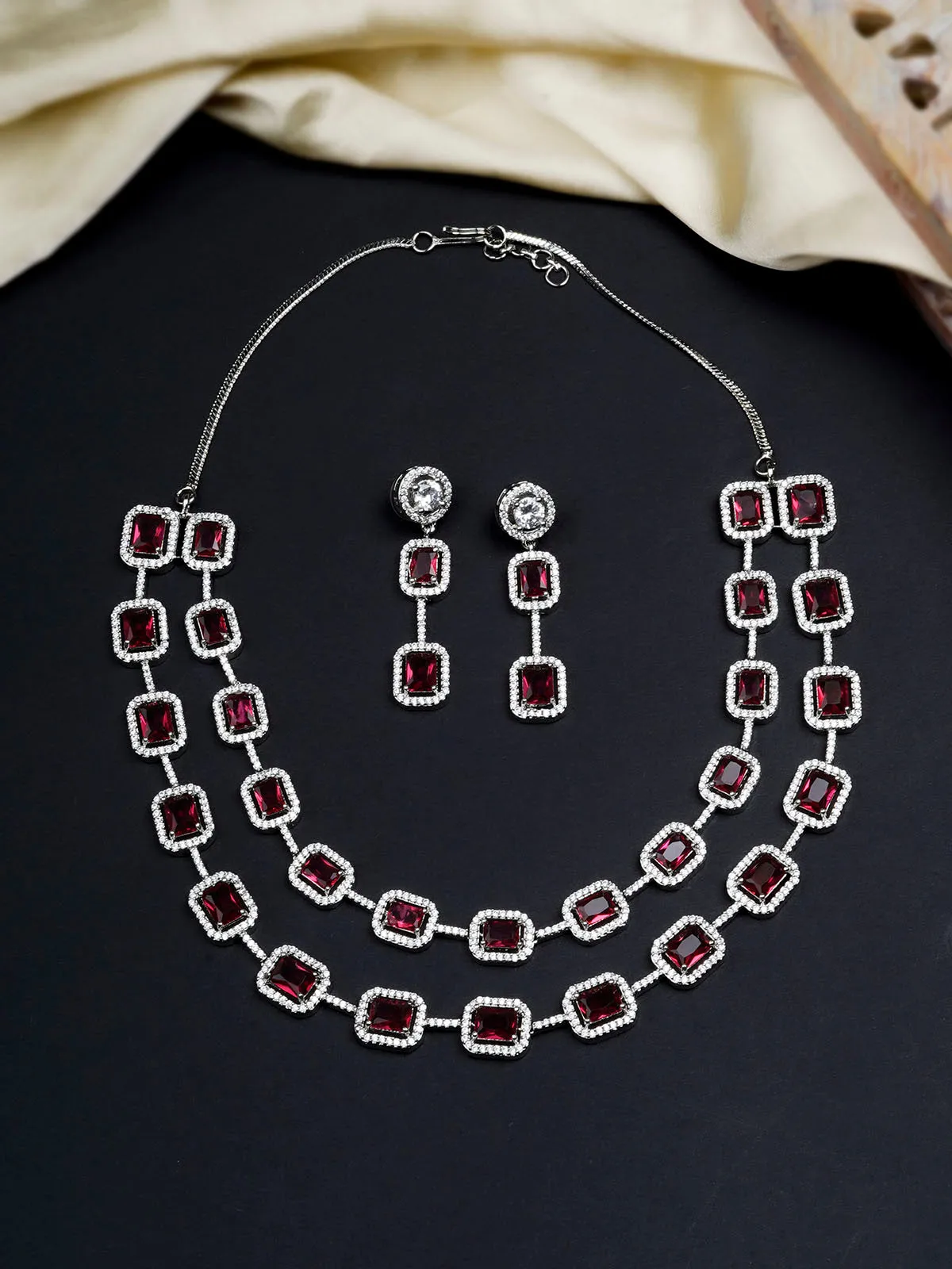 Red Color Silver Plated Faux Diamond Necklace Set - CZSET320R