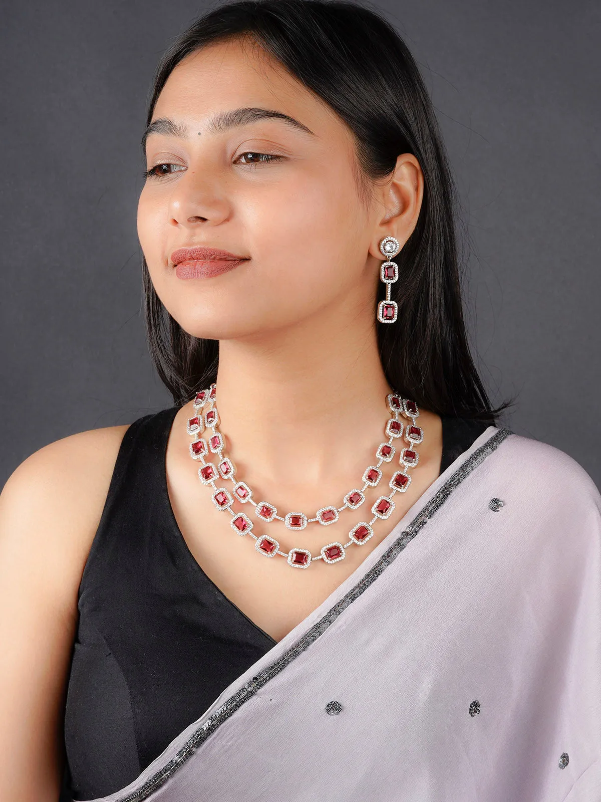 Red Color Silver Plated Faux Diamond Necklace Set - CZSET320R