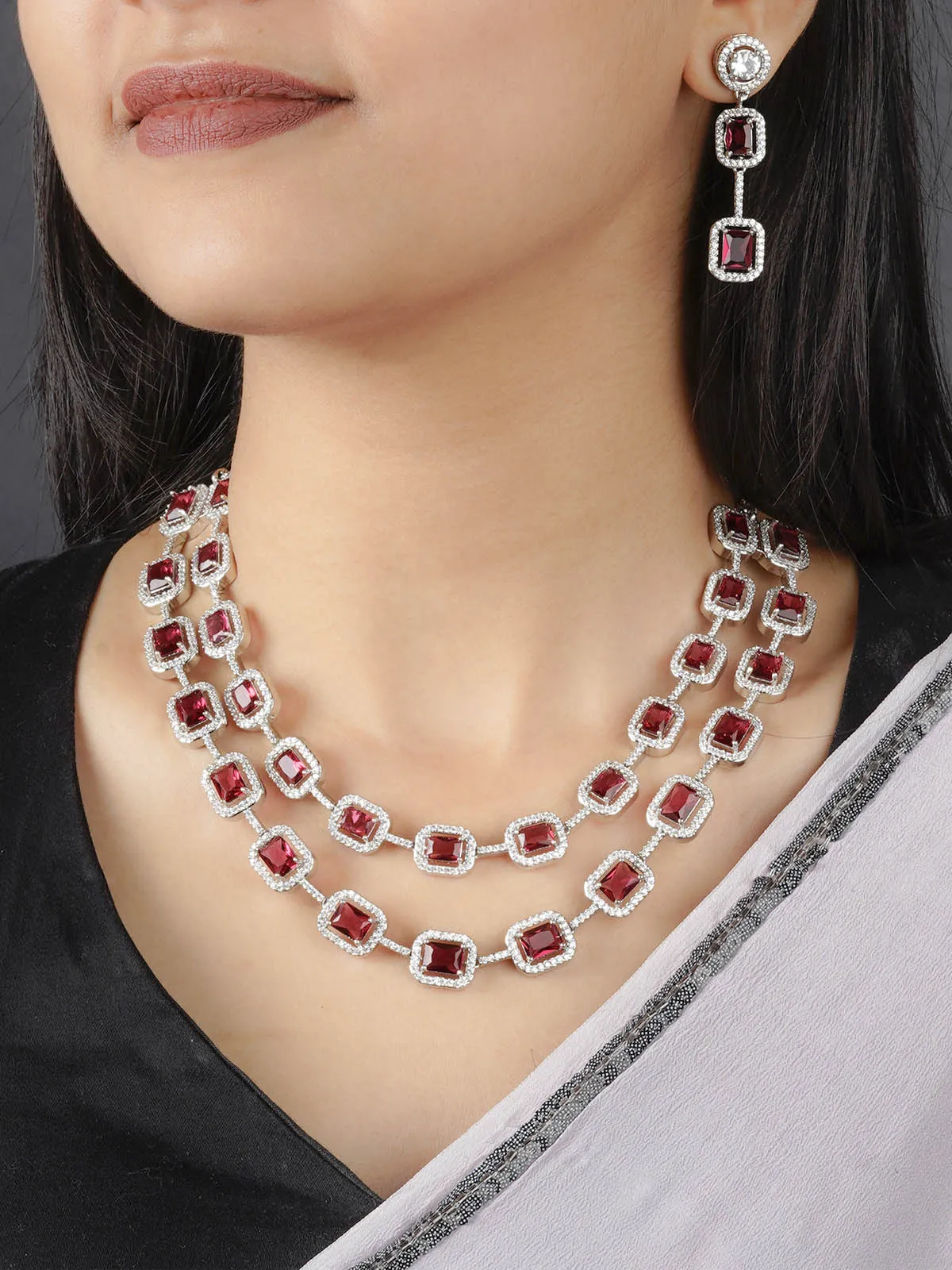 Red Color Silver Plated Faux Diamond Necklace Set - CZSET320R