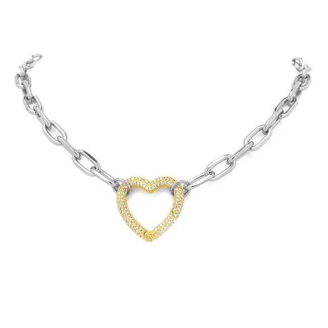 Silver Linked Chain Necklace with Gold CZ Heart Station