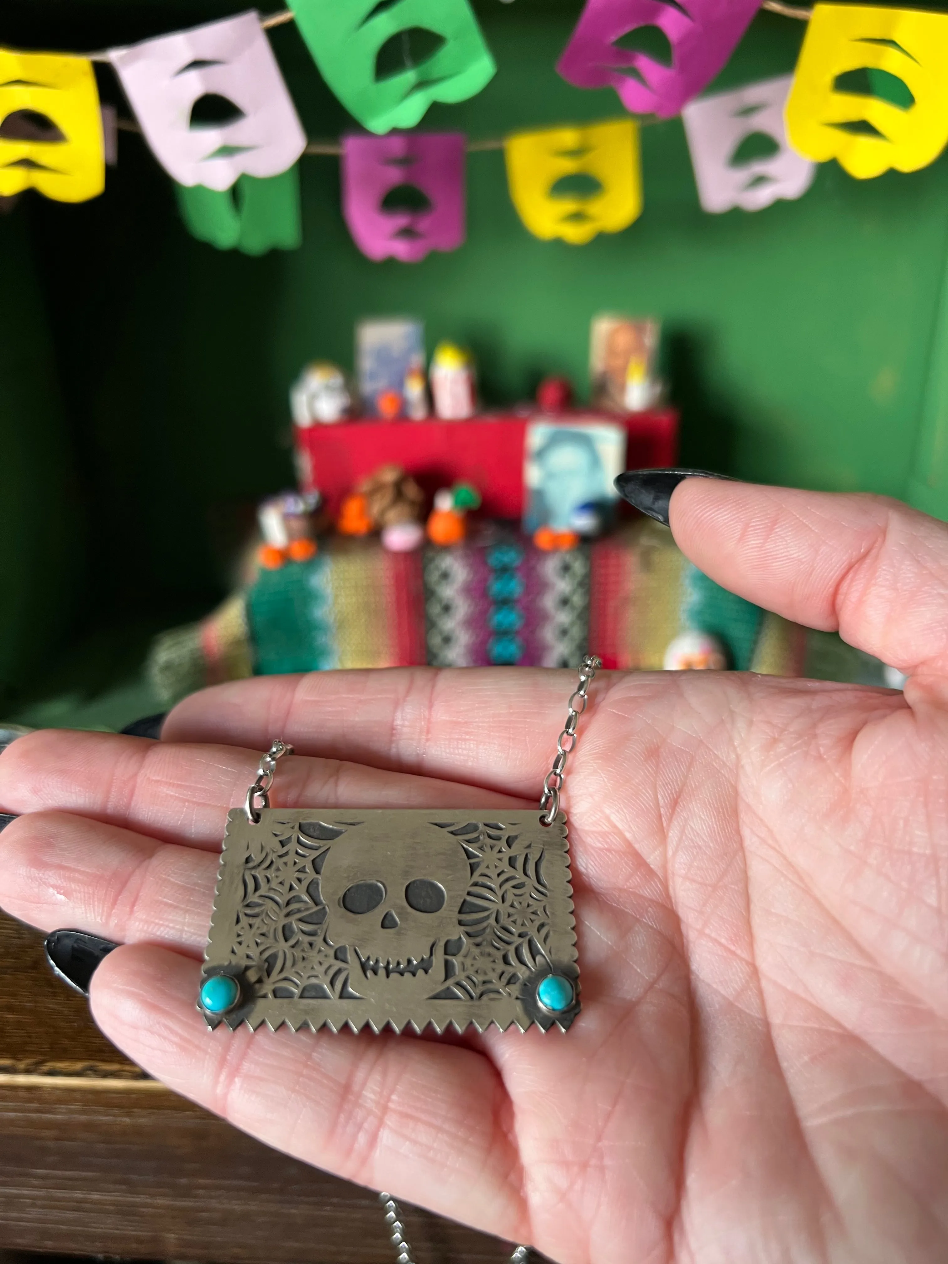 Skull Papel Picado Turquoise Necklace