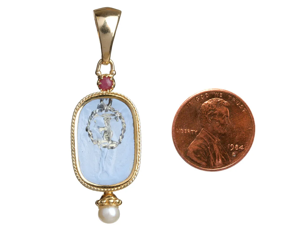 Tagliamonte 18K Yellow Gold Blue Venetian Glass Cameo Intaglio Athena Pendant