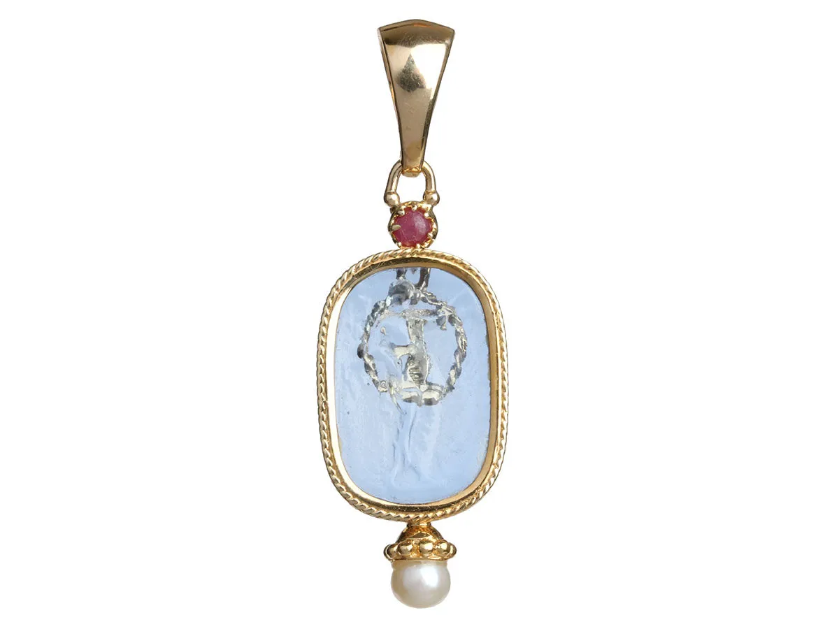 Tagliamonte 18K Yellow Gold Blue Venetian Glass Cameo Intaglio Athena Pendant