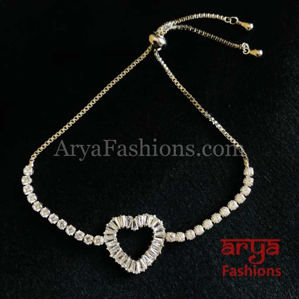 Tanvi Silver CZ Heart Shaped Chain Bracelet/ Ethnic Bracelet