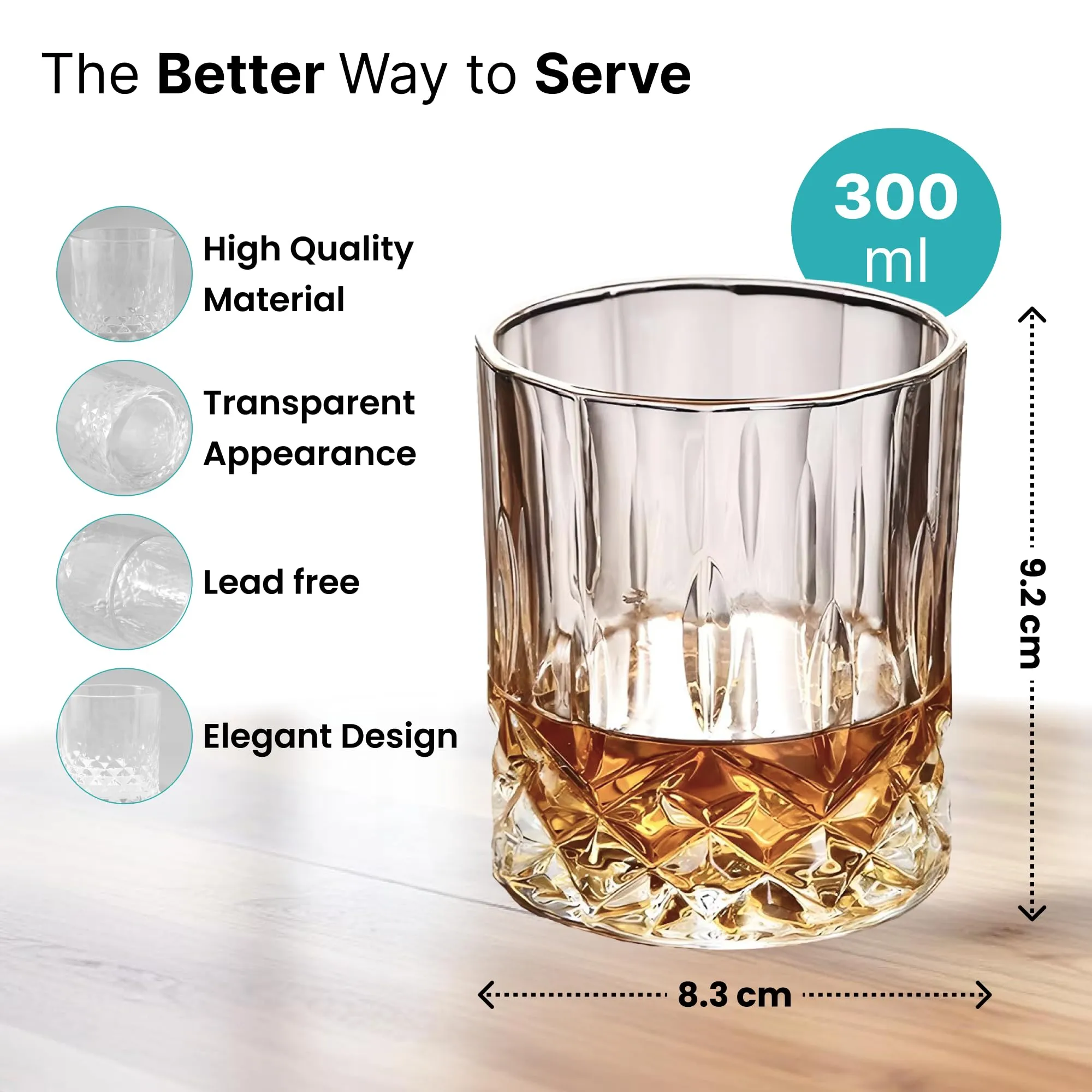 The Better Home Whiskey Glasses Set of 8 (300ml Each) | Lead Free Neat Whiskey Glass | Heavy Bottom Drinking Glass | Crystal Glass for Bar Home | Glass for Drinks | Cocktail Glasses | Highball Glass