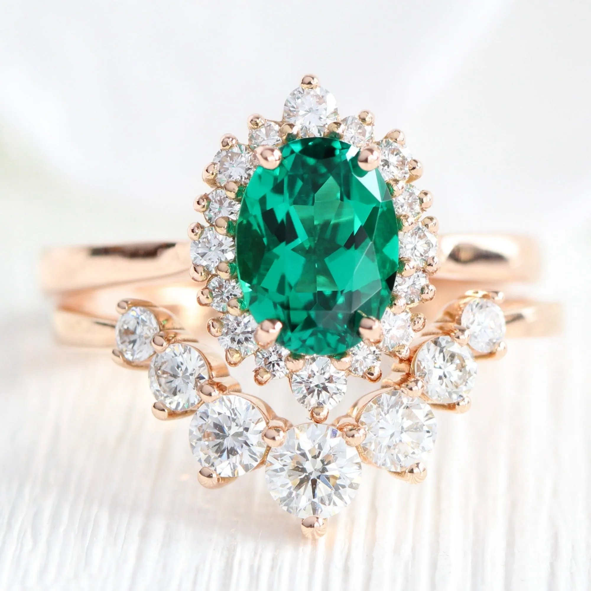 Tiara Halo Oval Ring Bridal Set w/ Emerald and Large 7 Diamond U Band