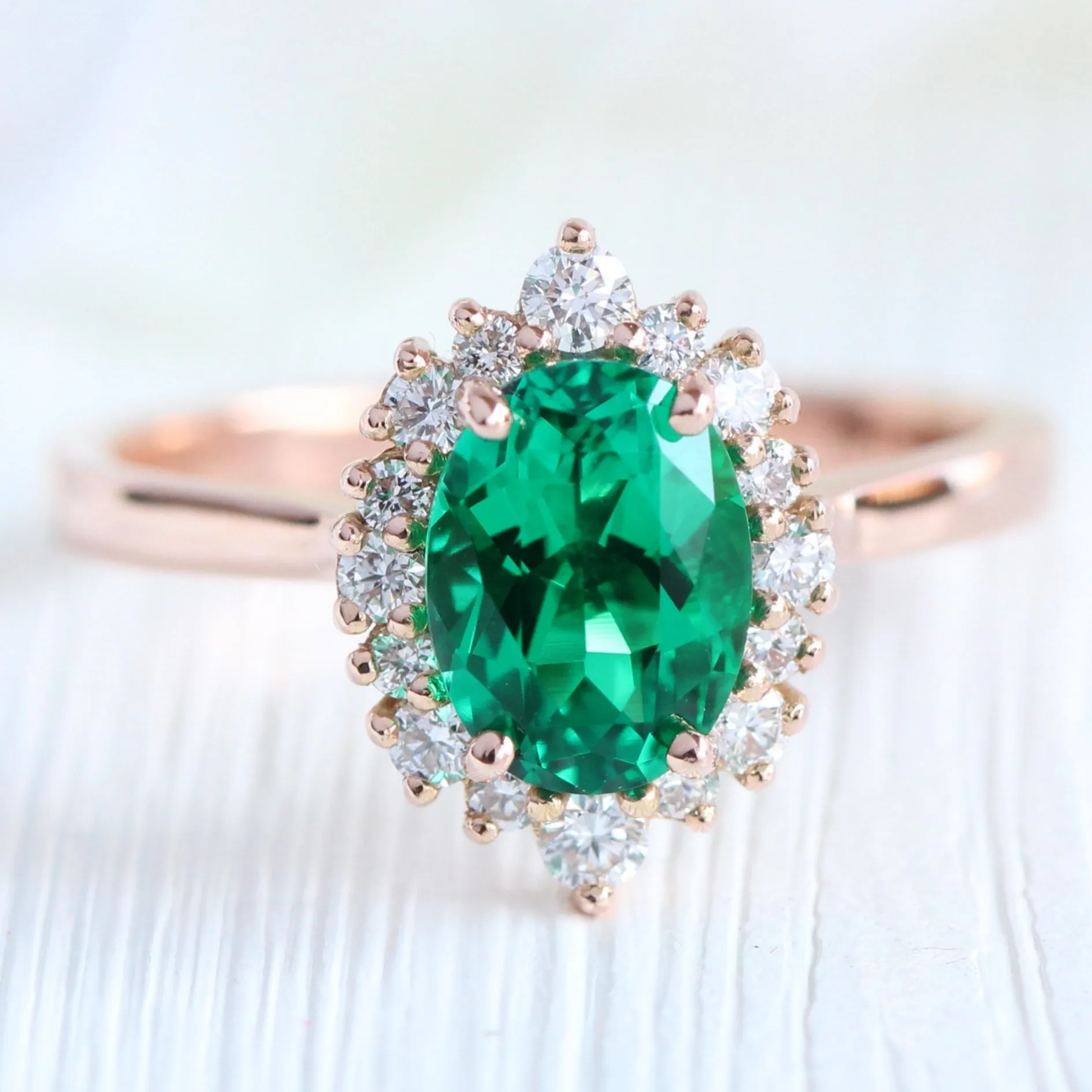Tiara Halo Oval Ring Bridal Set w/ Emerald and Large 7 Diamond U Band