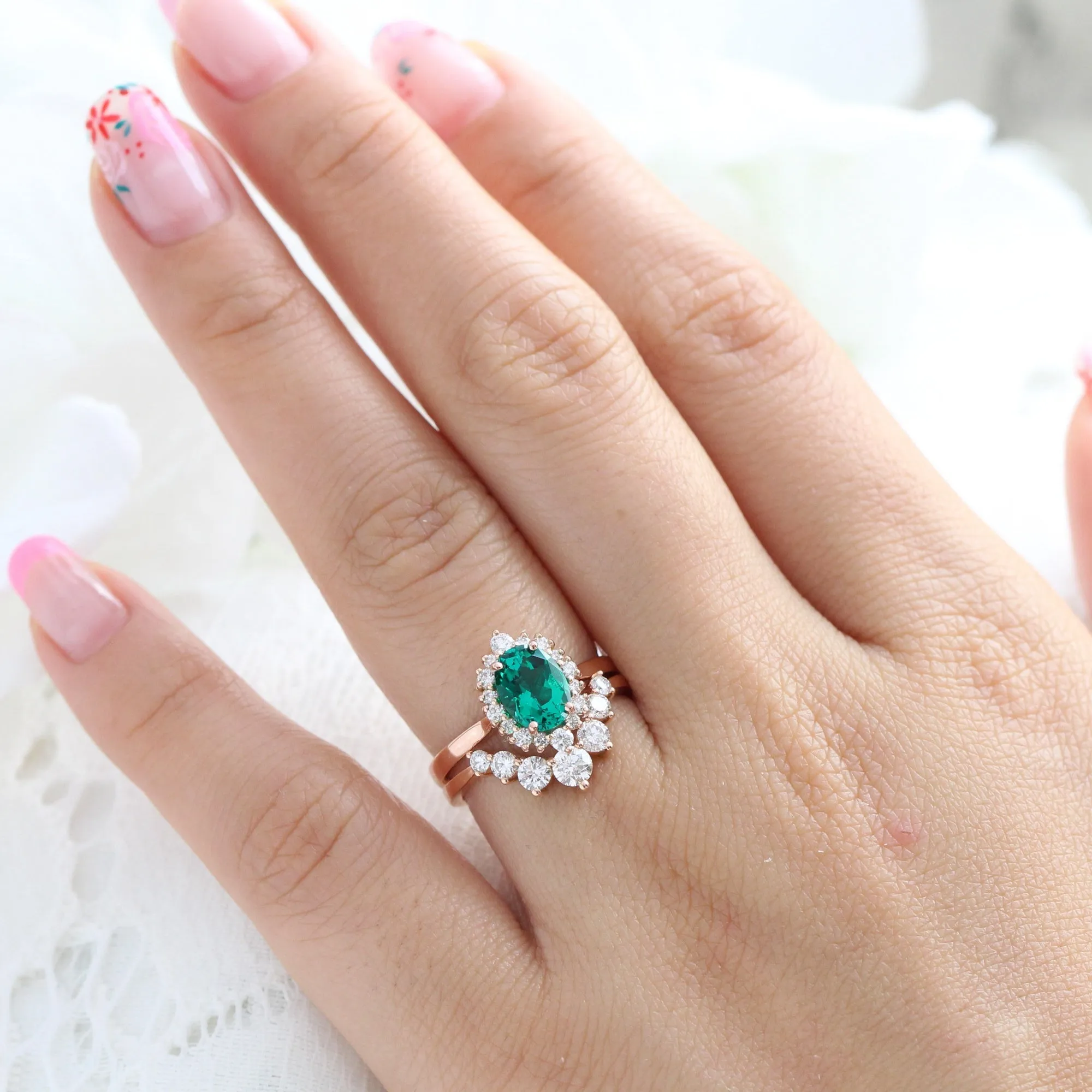 Tiara Halo Oval Ring Bridal Set w/ Emerald and Large 7 Diamond U Band
