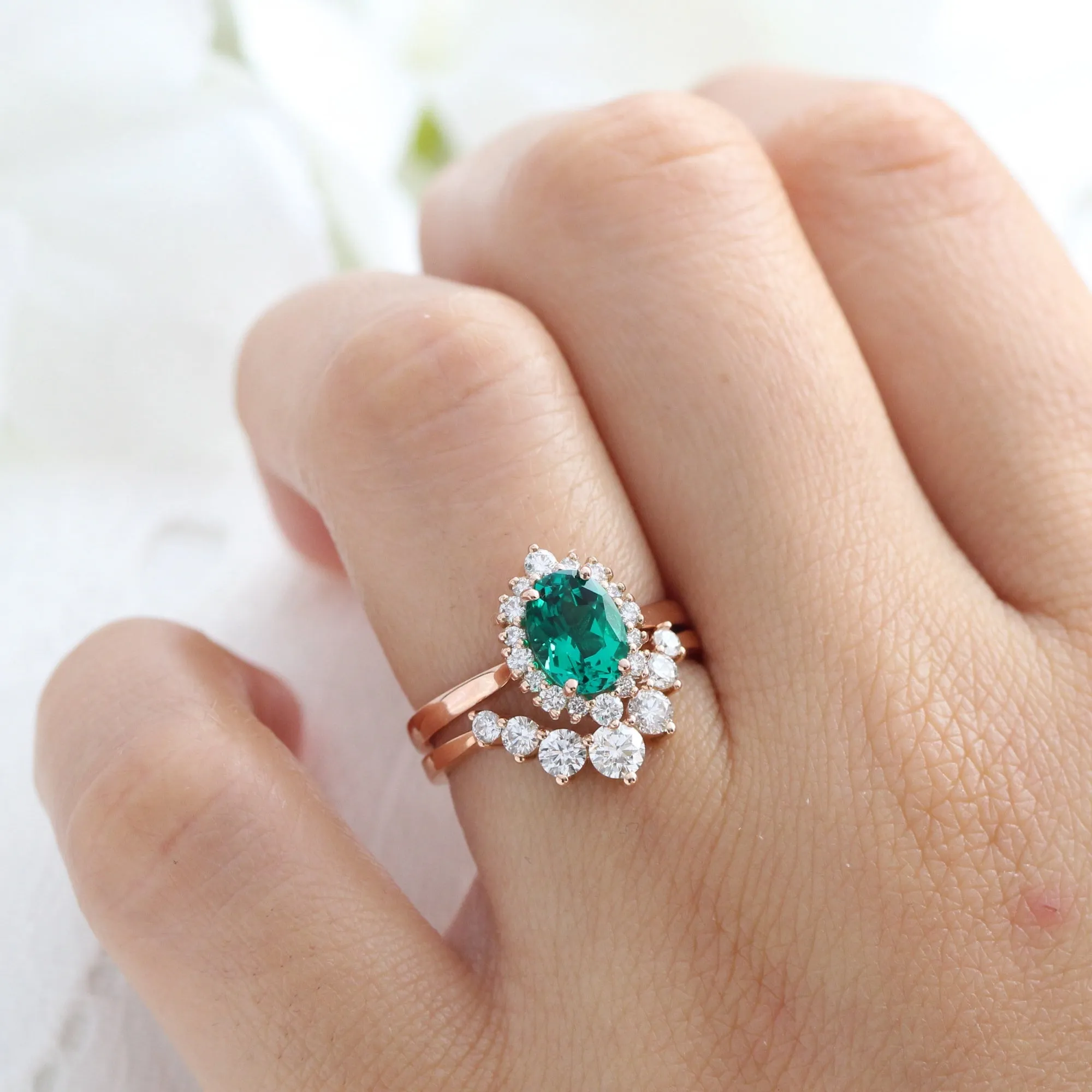 Tiara Halo Oval Ring Bridal Set w/ Emerald and Large 7 Diamond U Band
