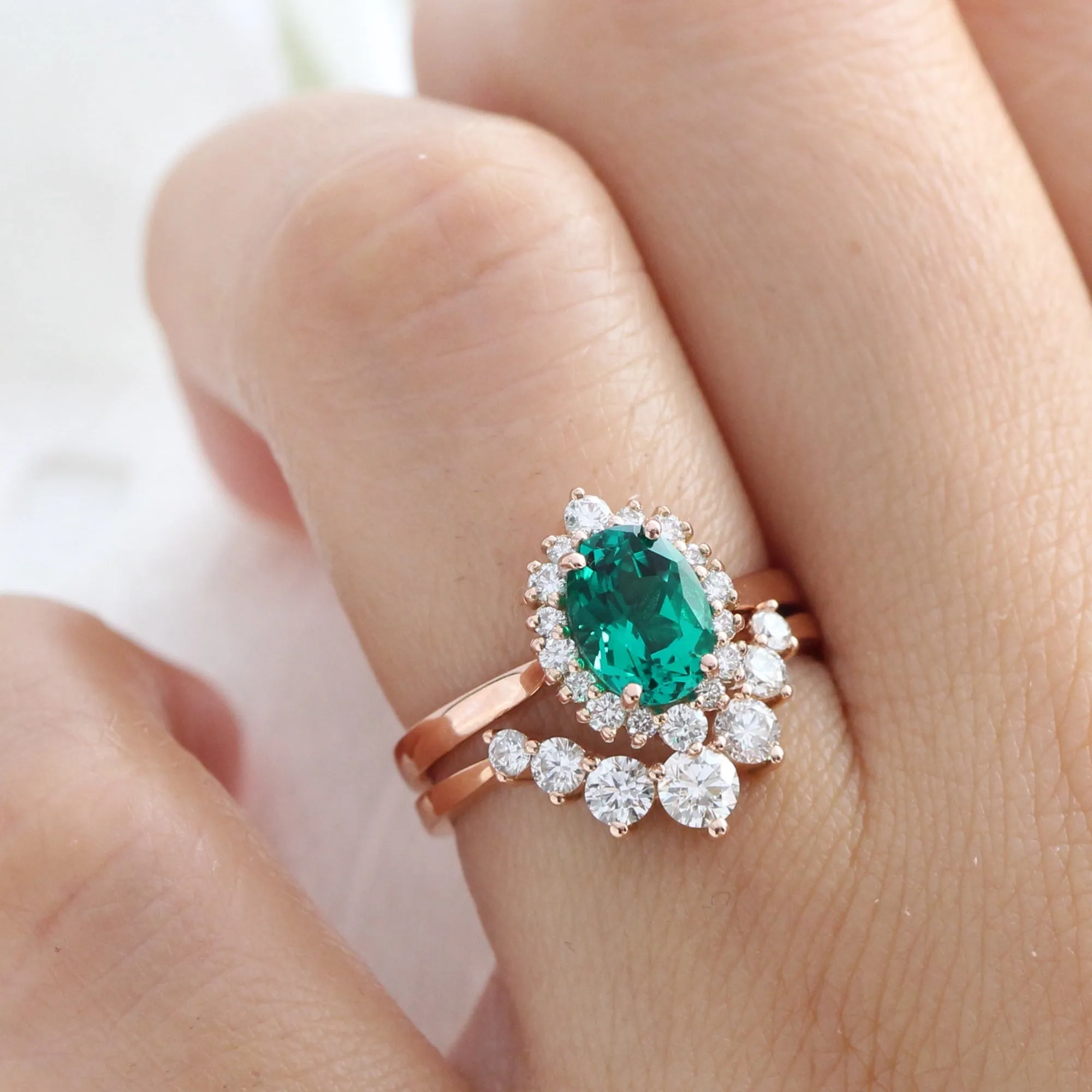 Tiara Halo Oval Ring Bridal Set w/ Emerald and Large 7 Diamond U Band