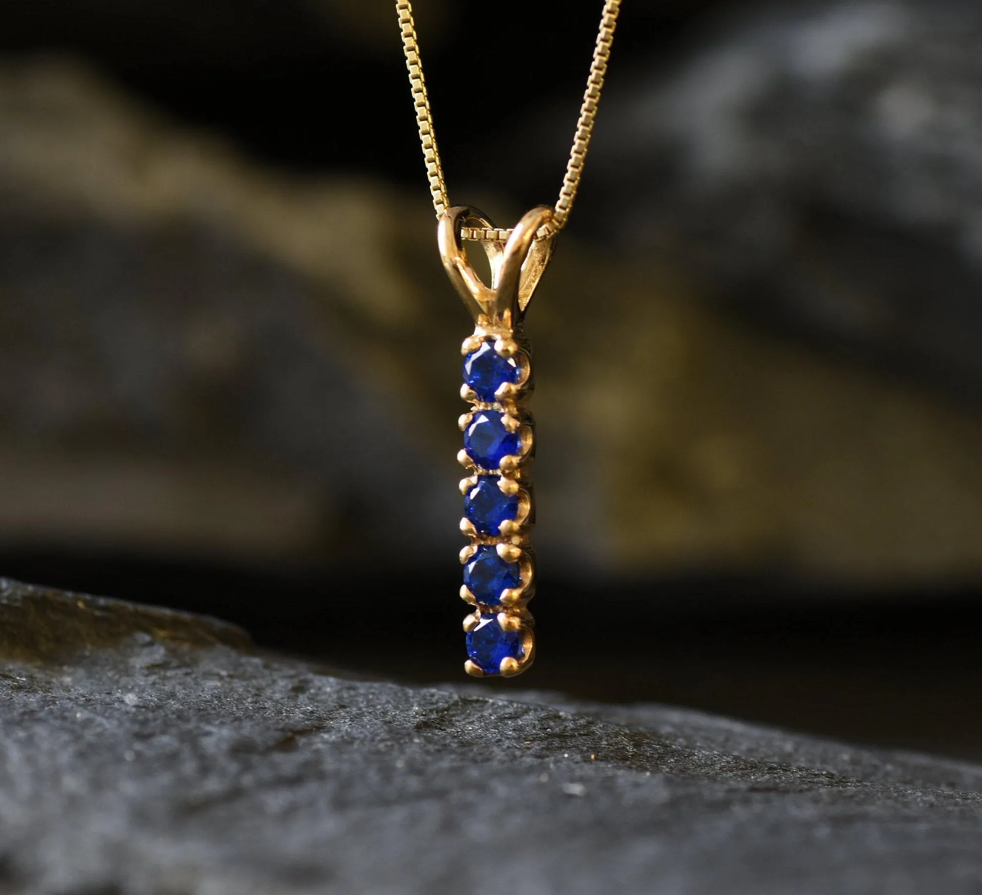 Vertical Sapphire Pendant - Gold Sapphire Necklace, Blue Bar Pendant