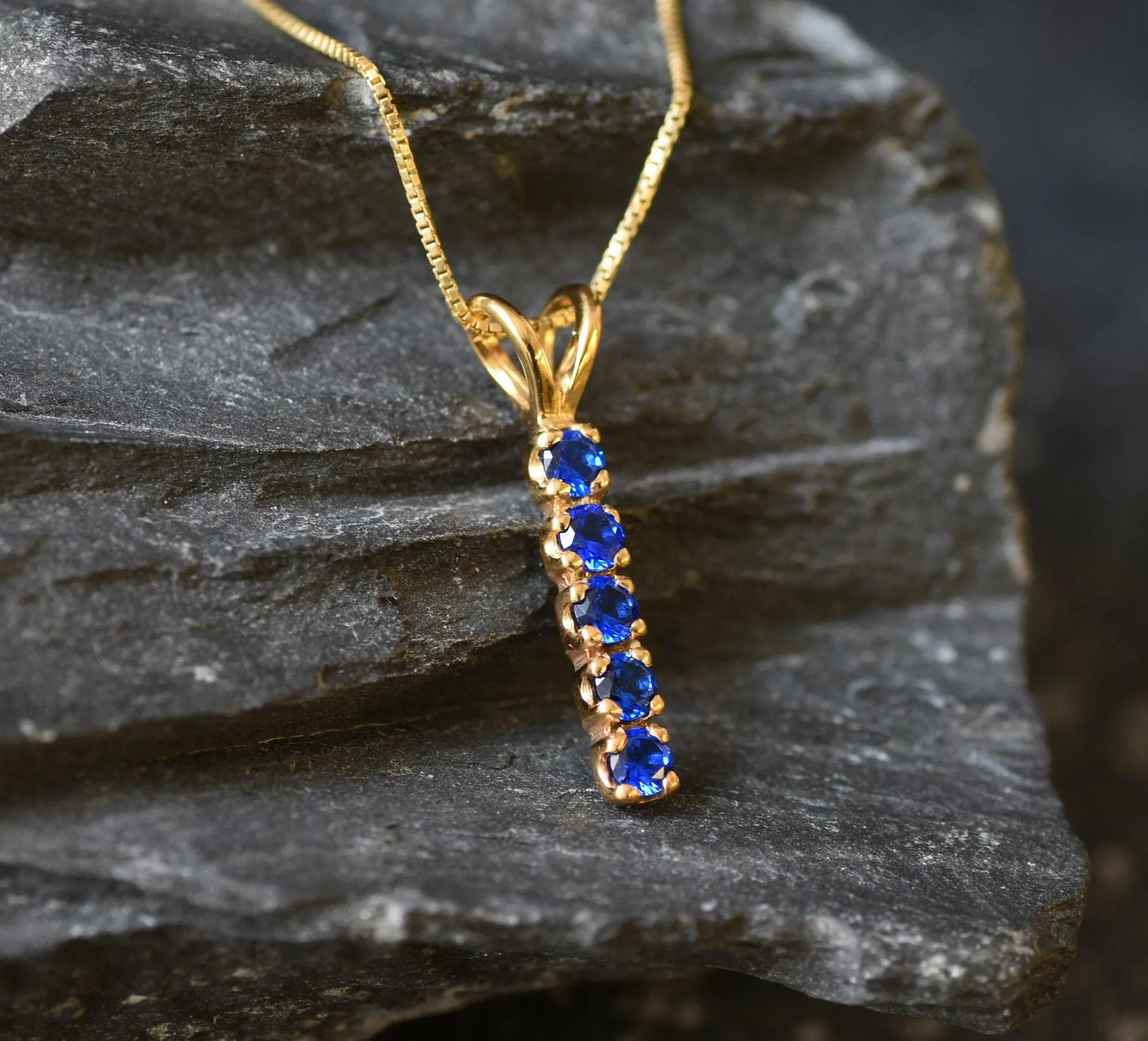Vertical Sapphire Pendant - Gold Sapphire Necklace, Blue Bar Pendant