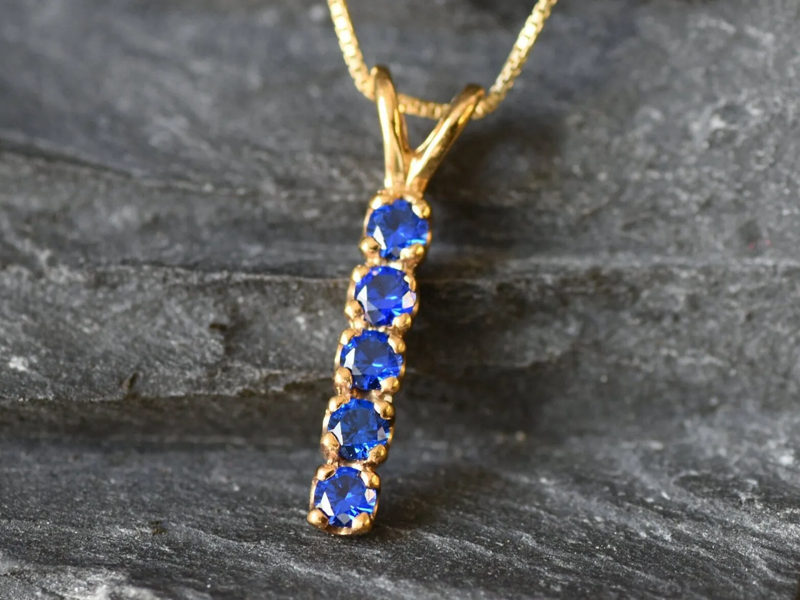 Vertical Sapphire Pendant - Gold Sapphire Necklace, Blue Bar Pendant