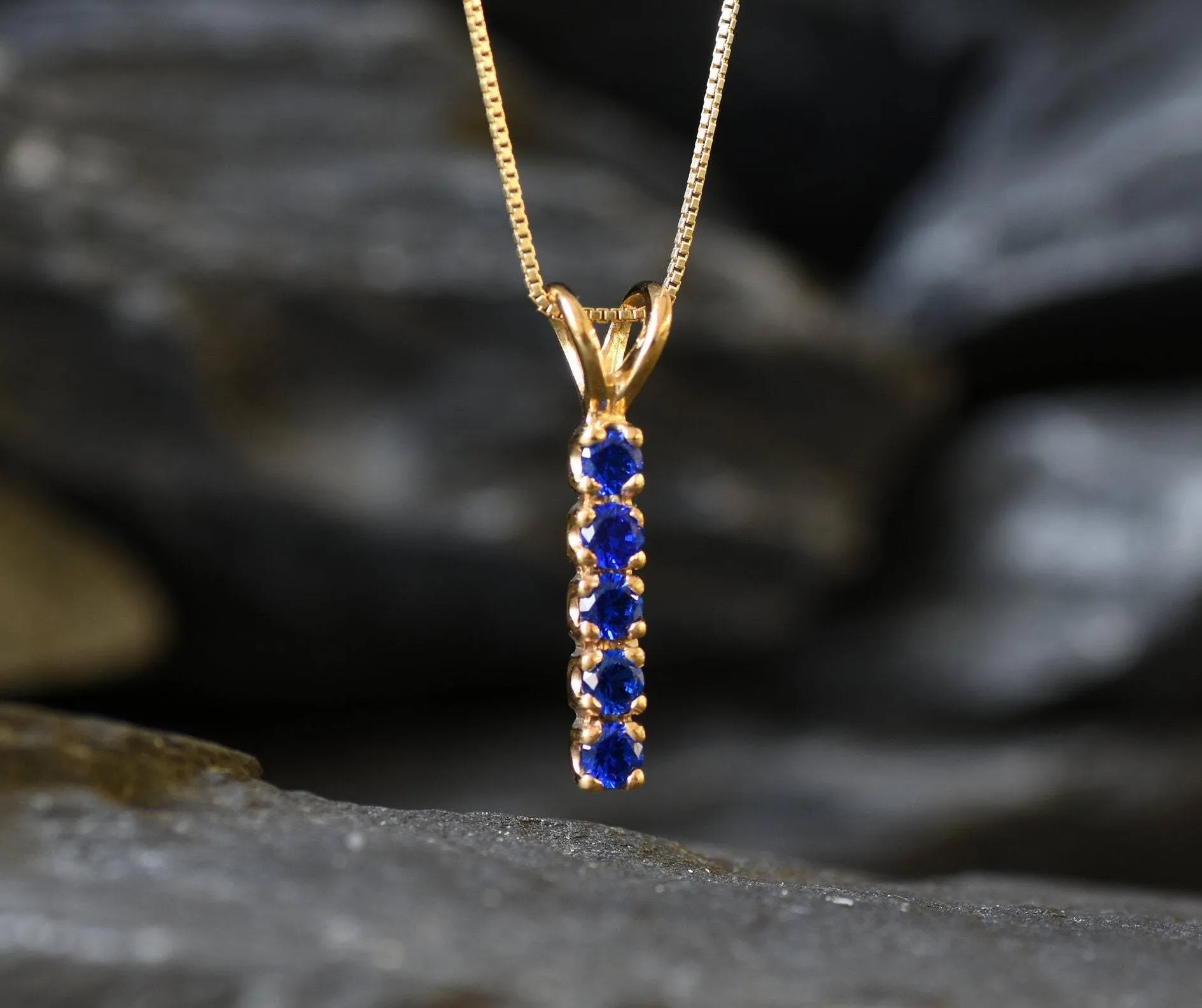 Vertical Sapphire Pendant - Gold Sapphire Necklace, Blue Bar Pendant