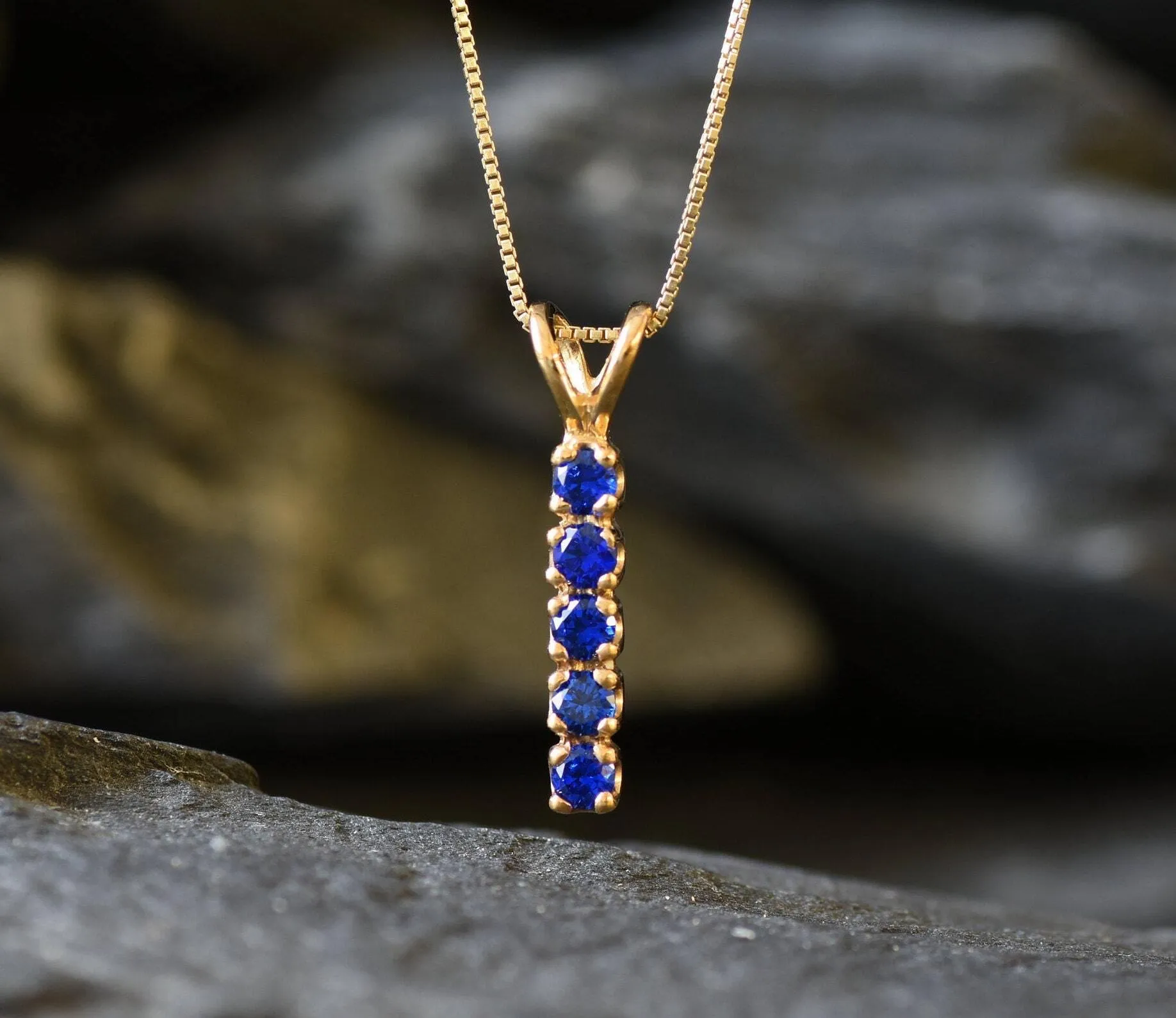 Vertical Sapphire Pendant - Gold Sapphire Necklace, Blue Bar Pendant
