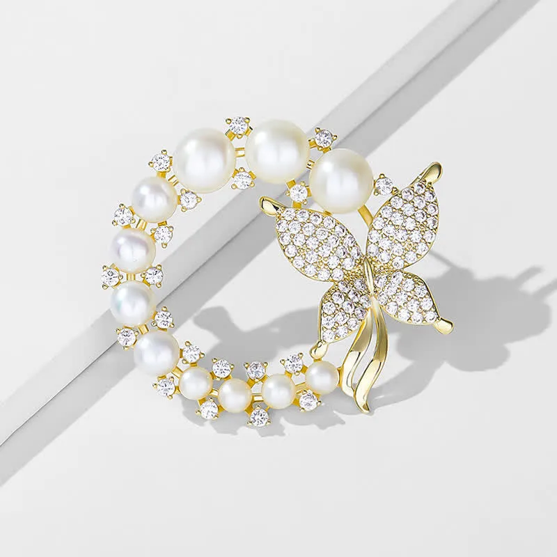 Women's Golden Butterfly Pearl Wreath Brooch