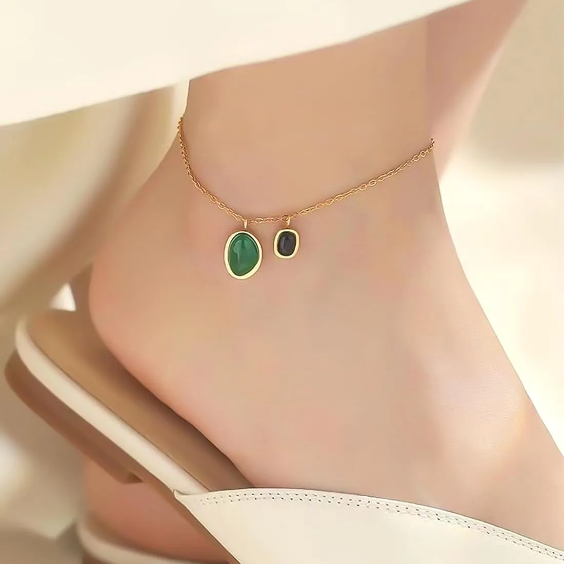 Yellow Chimes Anklets for Women and Girls Fashion Golden Anklets for Women | Gold Plated Green Ston Anklets Payal for Women | Birthday Gift For Girls & Women Anniversary Gift for Wife
