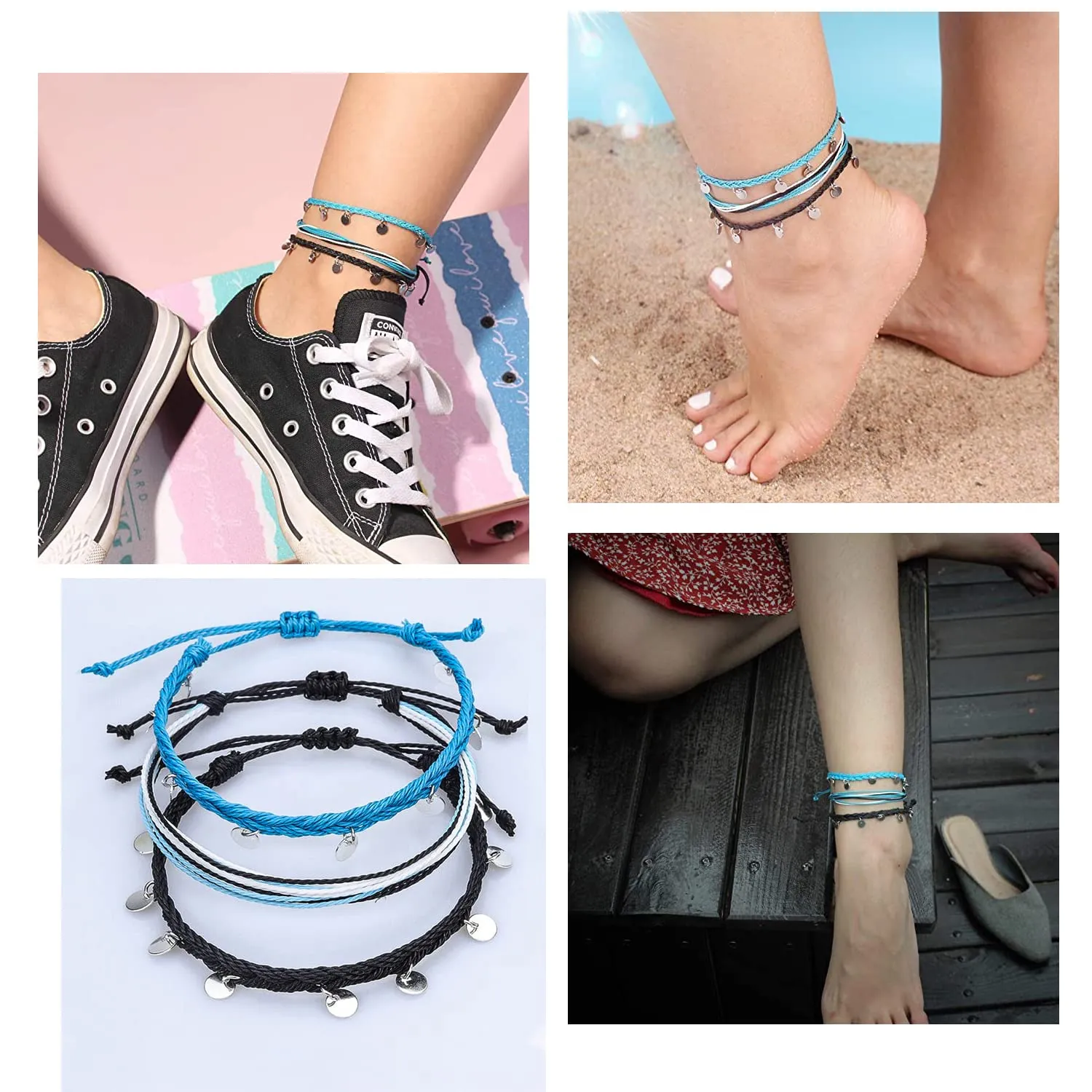 Yellow Chimes Rope Anklet for Women Combo of 3 Anklets Braided Beach Boho Coin Anklets Cute Foot Jewelry for Women and Girls